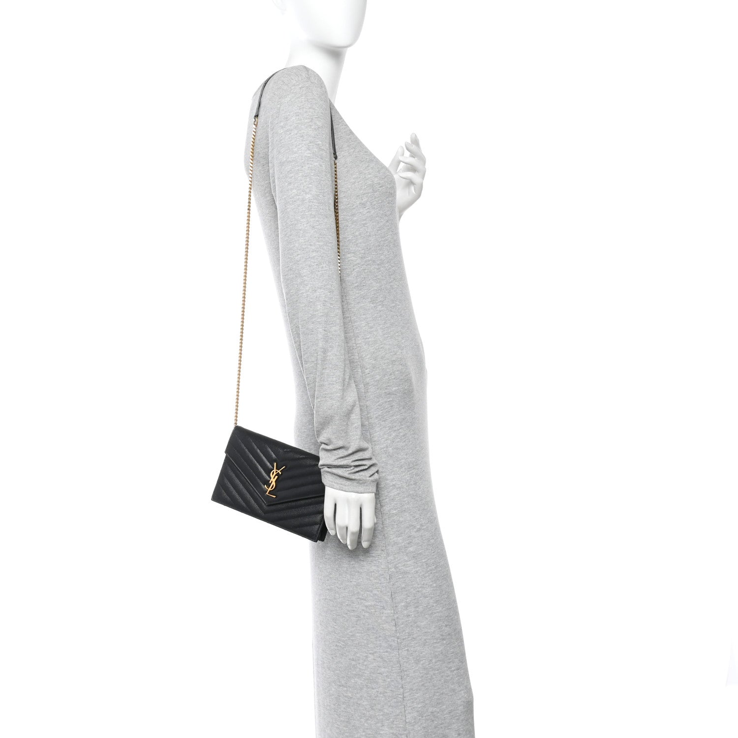 Saint Laurent Grain De Poudre Matelasse Chevron Monogram Envelope Chain Wallet Black 2 of 12