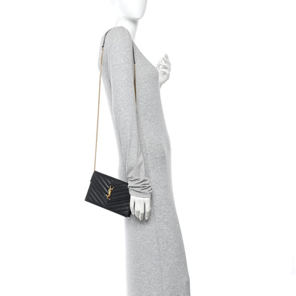 Saint Laurent Grain De Poudre Matelasse Chevron Monogram Envelope Chain Wallet Black 2 of 12