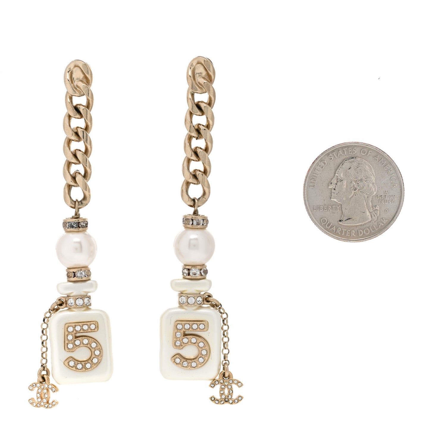 Pearl Resin Crystal CC No 5 Perfume Bottle Chain Drop Earrings Gold Pearly White