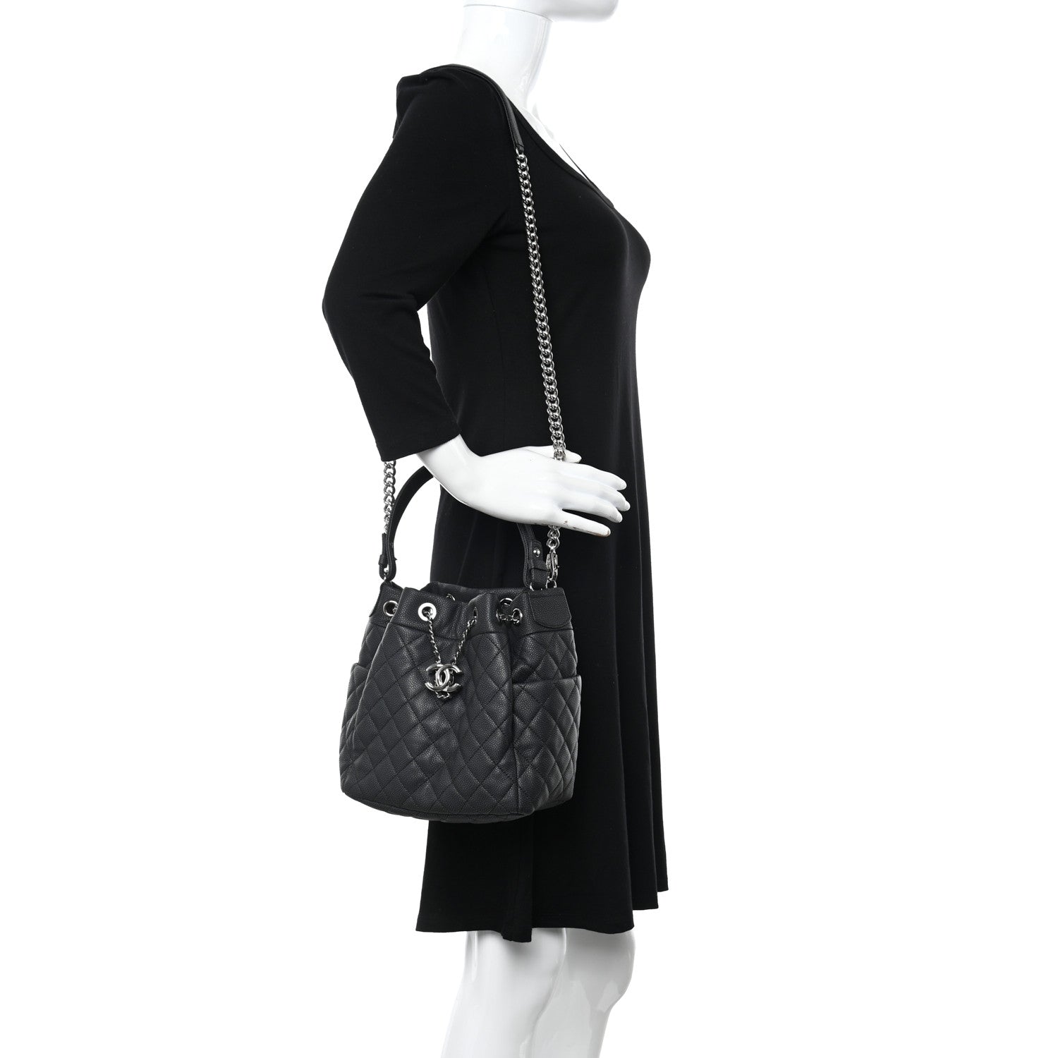 Chanel Caviar Flat Quilted CC Chain Bucket Drawstring Bag Navy 2 of 10