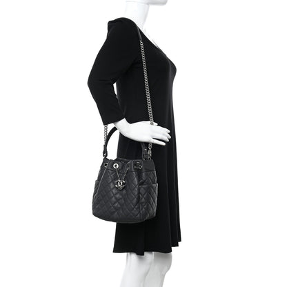 Chanel Caviar Flat Quilted CC Chain Bucket Drawstring Bag Navy 2 of 10