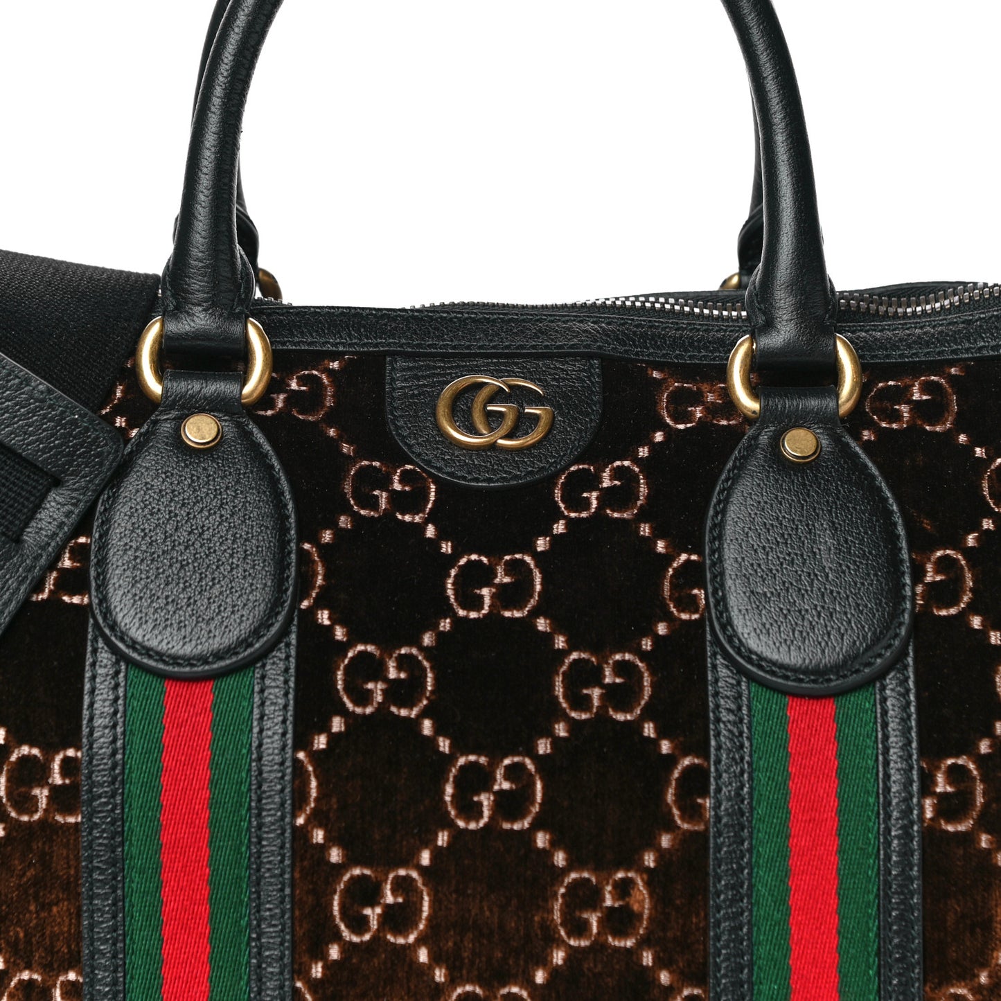 Velvet GG Monogram Textured Calfskin Web Medium Duffle Bag Brown Black