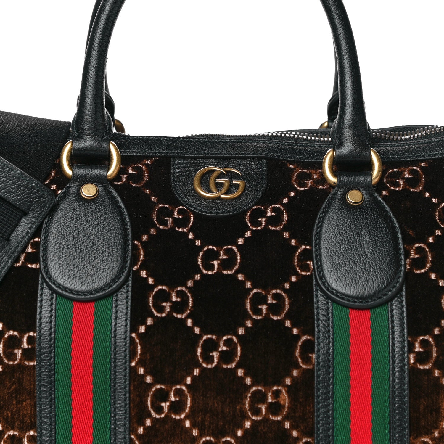 Gucci Velvet GG Monogram Textured Calfskin Web Medium Duffle Bag Brown Black 10 of 19
