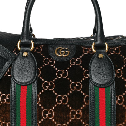 Gucci Velvet GG Monogram Textured Calfskin Web Medium Duffle Bag Brown Black 10 of 19