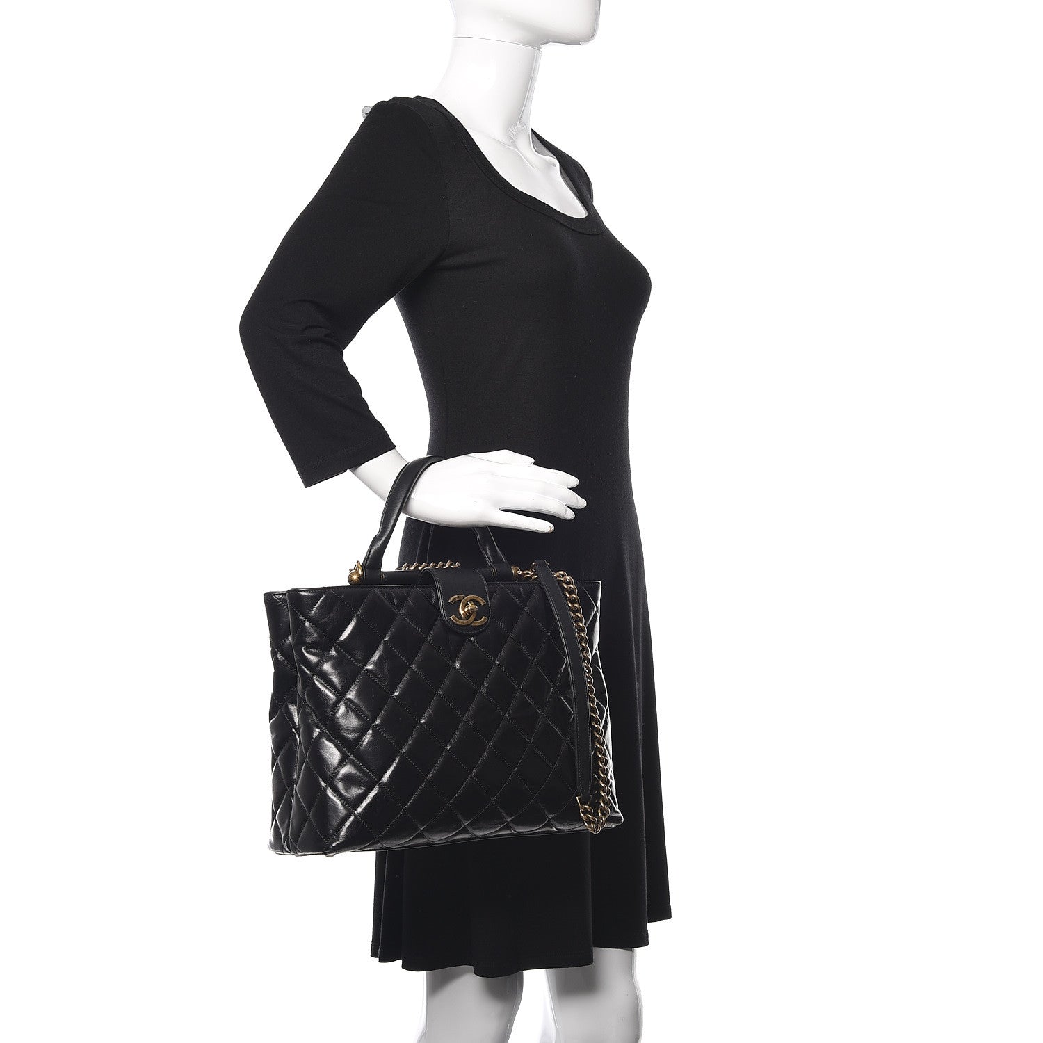 Chanel Calfskin Quilted Large Gold Bar Top Handle Tote Black 3 of 13