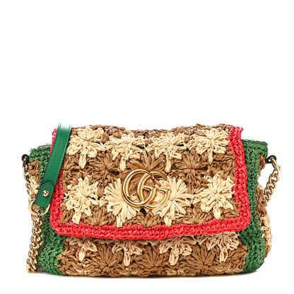 Gucci Raffia Azalea Calfskin Crochet Flower Small GG Marmont Shoulder Bag Natural Ecru Green Red New Shamarock 1 of 12