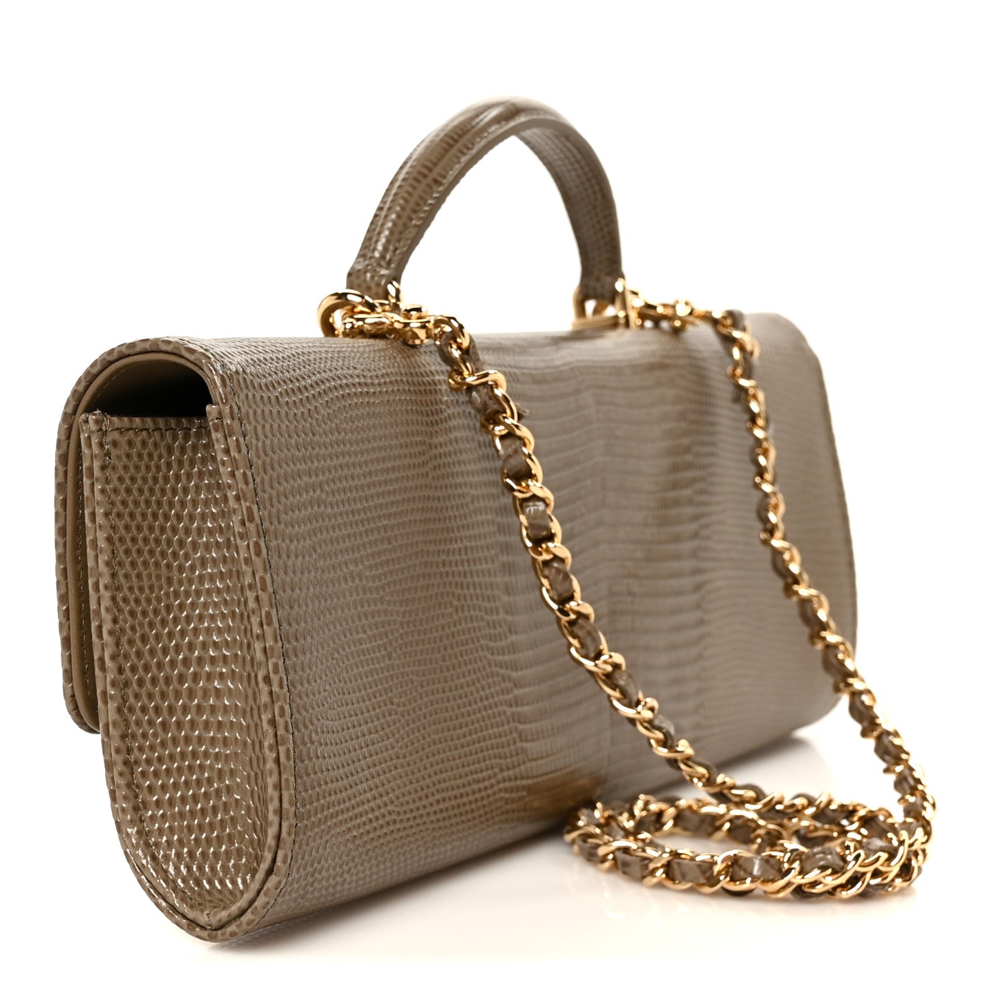 Calfskin Lizard Embossed Clutch With Chain Dark Khaki Dark Khaki