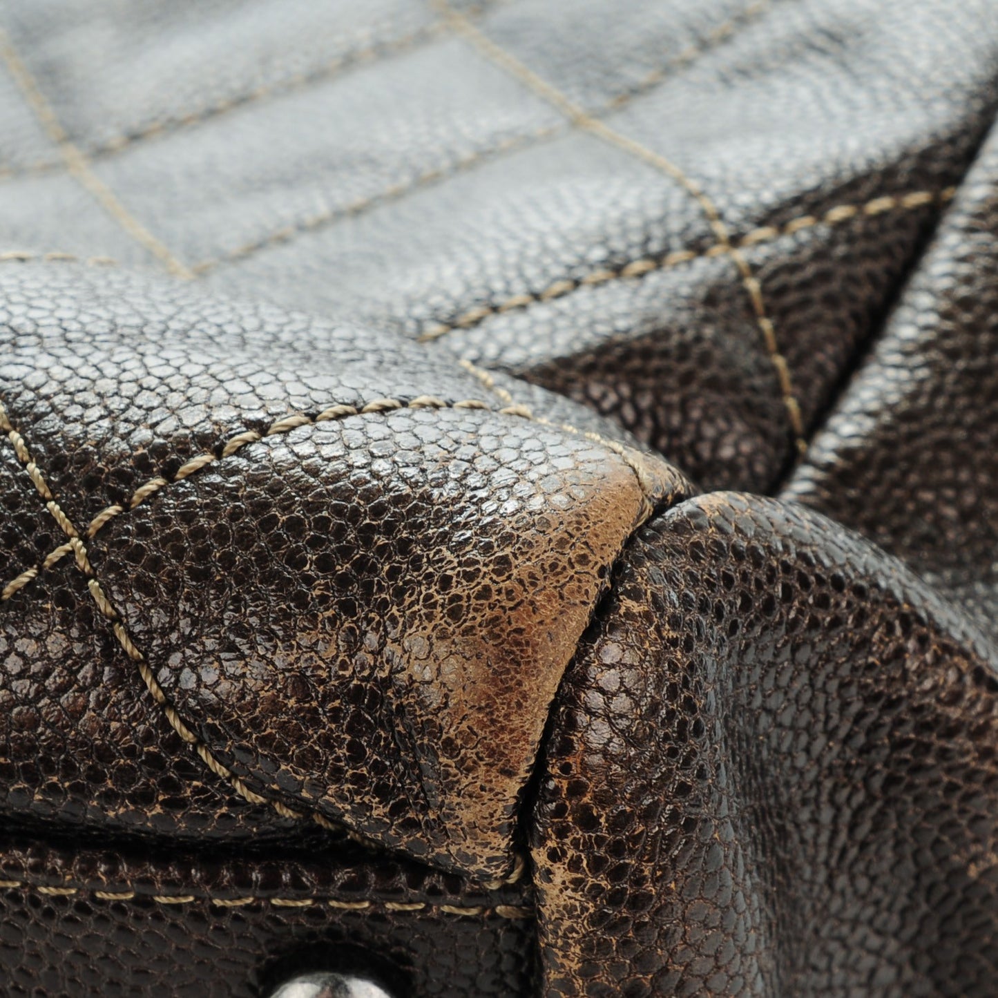 Iridescent Caviar Quilted Tall Chic Shopping Tote Dark Gold