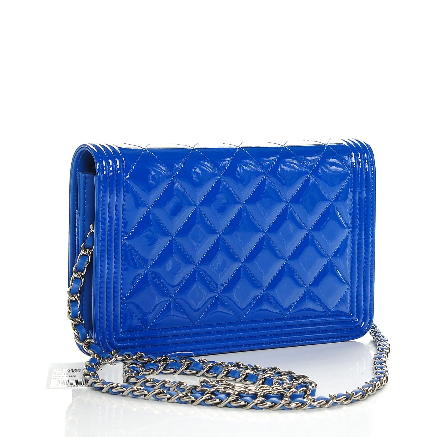 Patent Calfskin Quilted Boy Wallet On Chain WOC Dark Blue