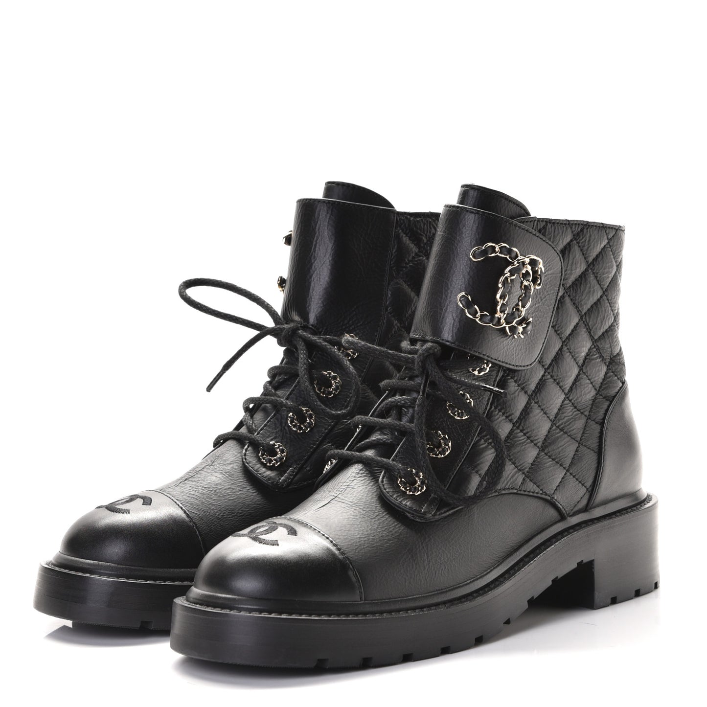 Shiny Goatskin Calfskin Quilted Lace Up Combat Boots 38.5 Black