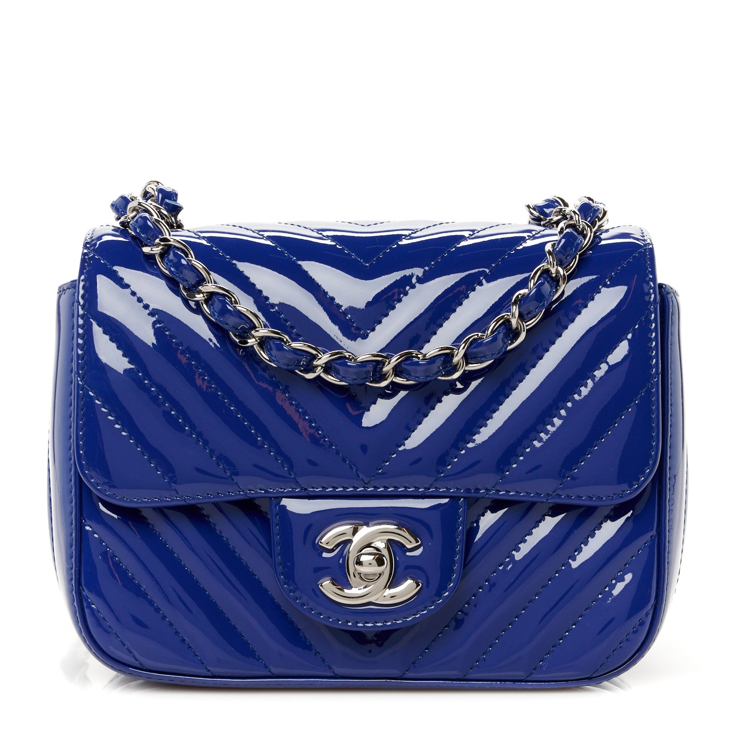 Patent Chevron Quilted Mini Square Flap Blue