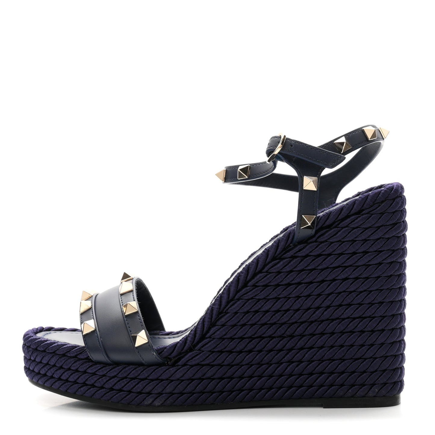 Calfskin Rockstud Ankle Strap Torchon Espadrille Caged 25/95mm Wedge Sandals 38 Blue