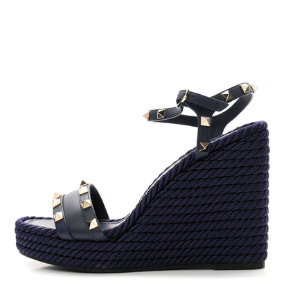 Valentino Garavani Calfskin Rockstud Ankle Strap Torchon Espadrille Caged 25/95mm Wedge Sandals 38 Blue 1 of 9