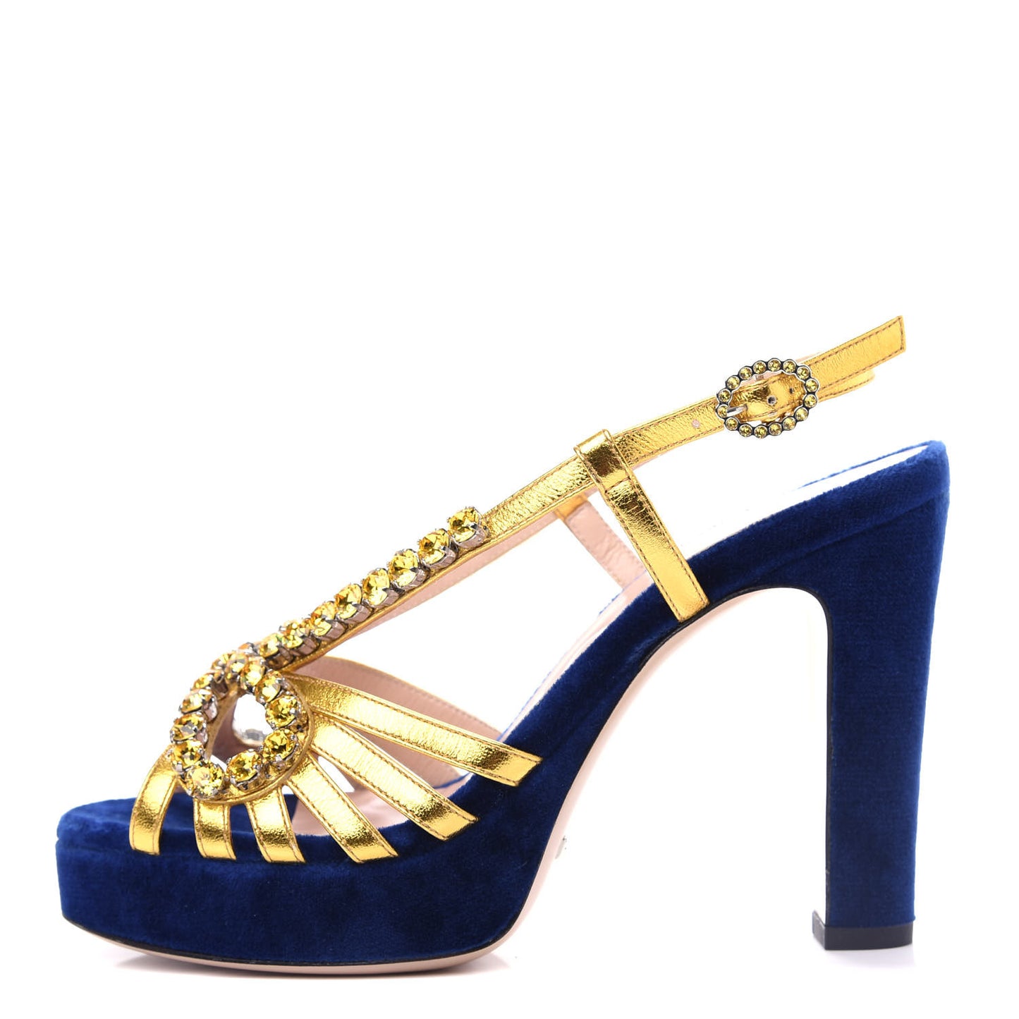 Velvet Nappa Crystal Zephyra Slingback Platform High Heel Sandals 36 Blue Gold