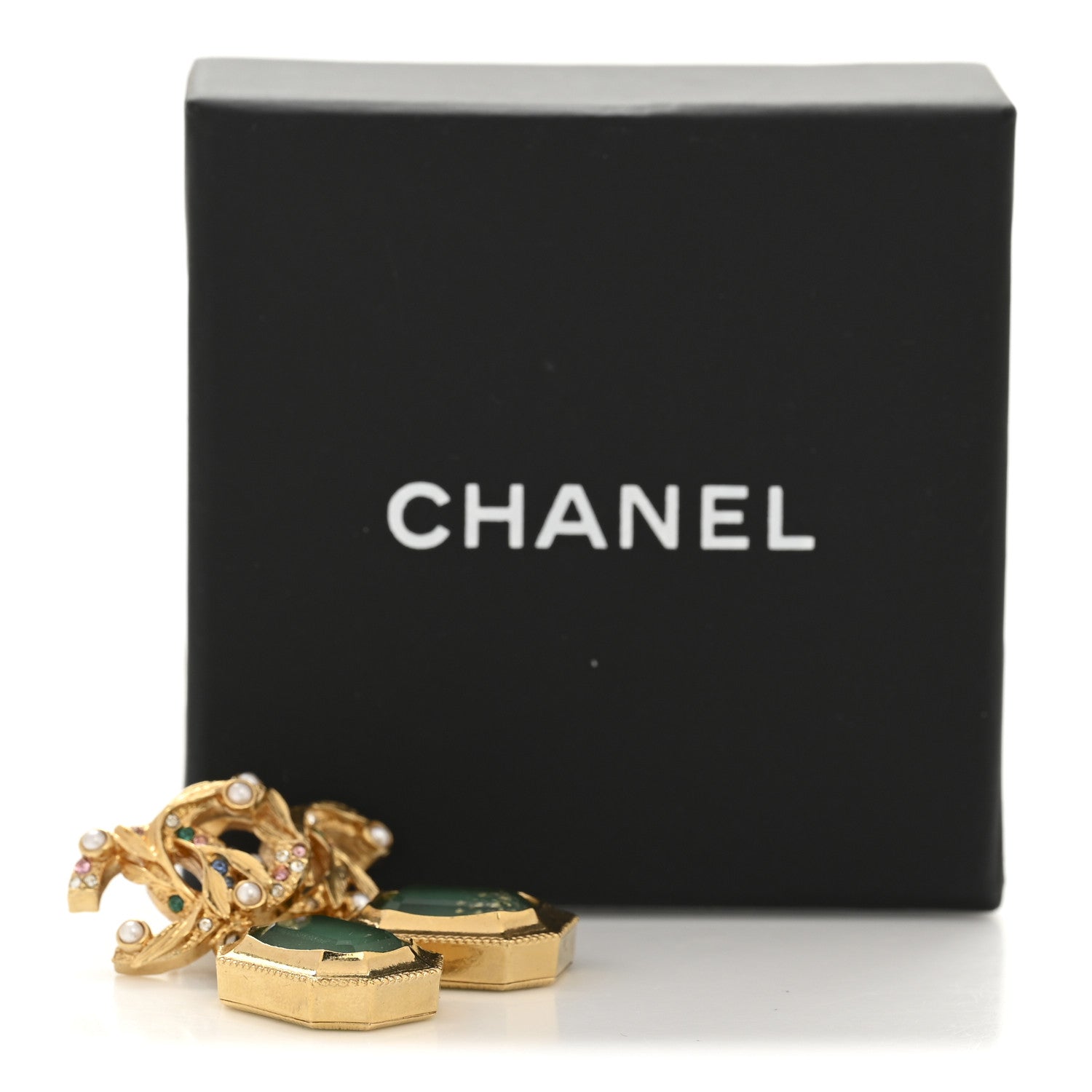 Chanel Crystal Pearl Glitter CC Drop Earrings Gold Green 5 of 5