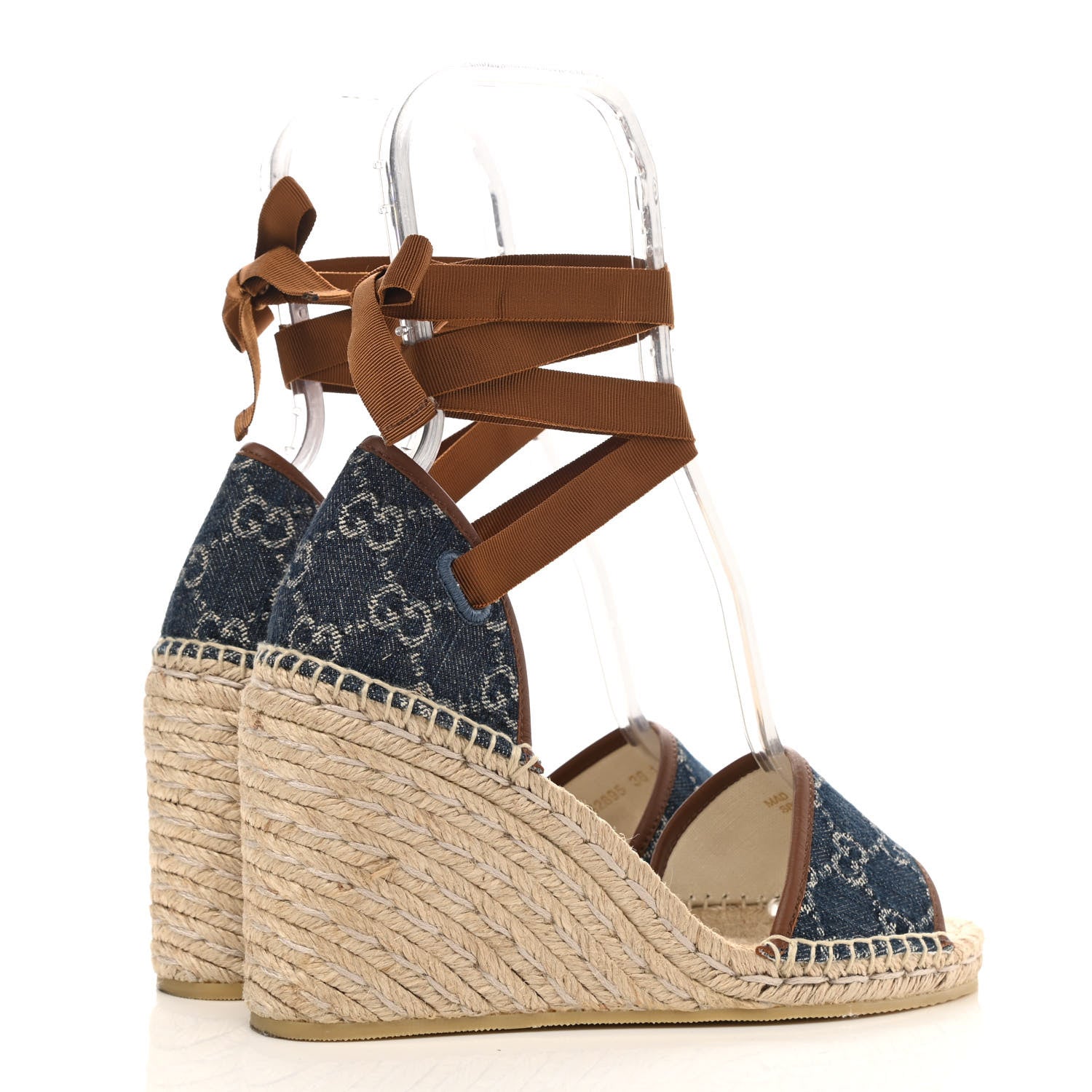 Gucci New Denim GG Monogram Ankle Wrap Espadrille Wedge Sandals 38 Blue Tea Cuir Epilog 4 of 10