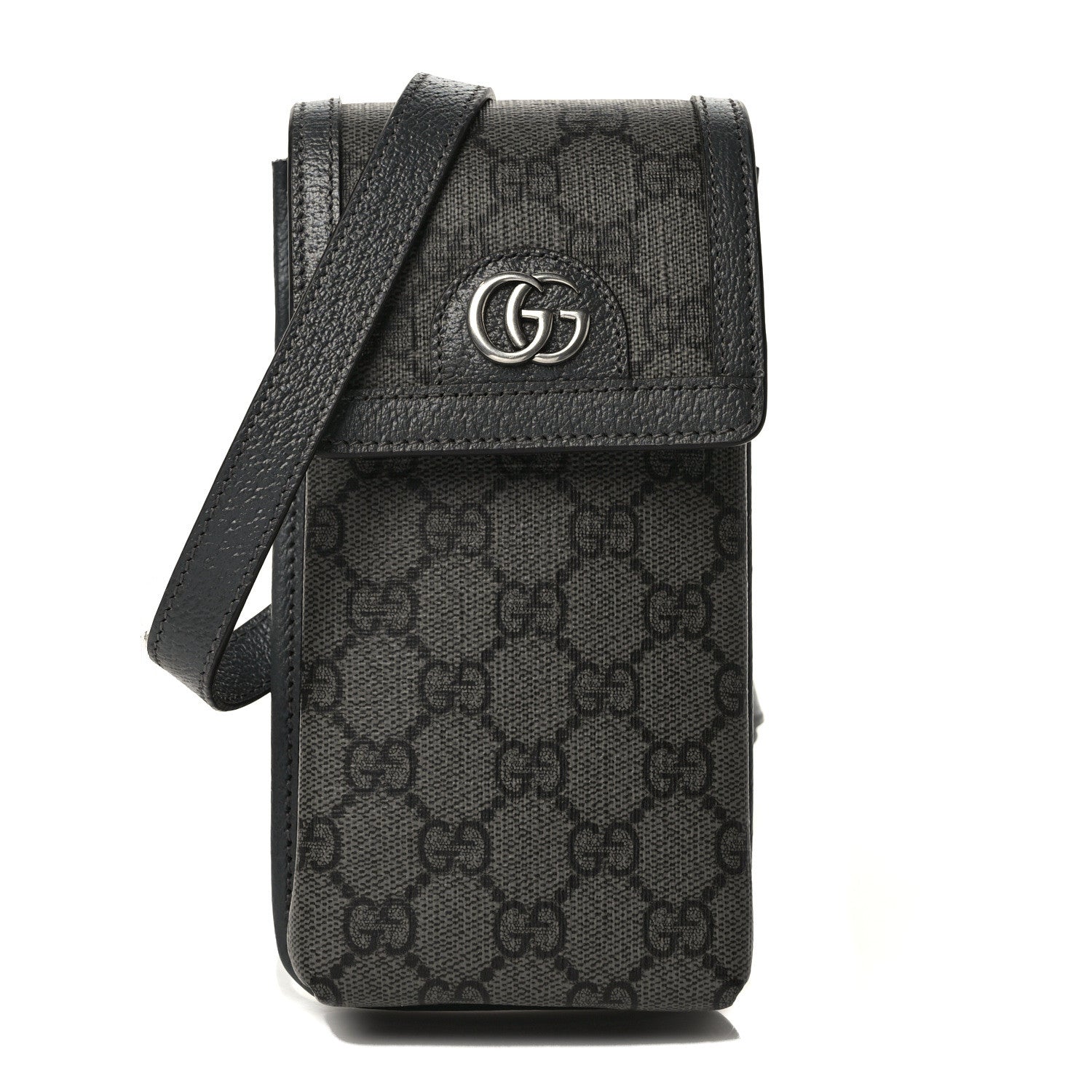 Gucci GG Supreme Monogram Textured Dollar Calfskin Phone Crossbody Bag Grey Black Graphite Grey 1 of 8