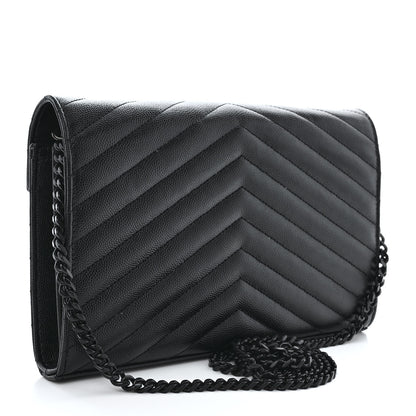Saint Laurent Grain De Poudre Matelasse Chevron Monogram Monochrome Chain Wallet Black 3 of 10