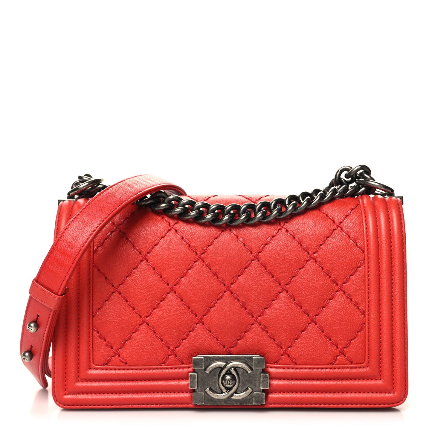 Calfskin Quilted Double Stitch Medium Boy Flap Red