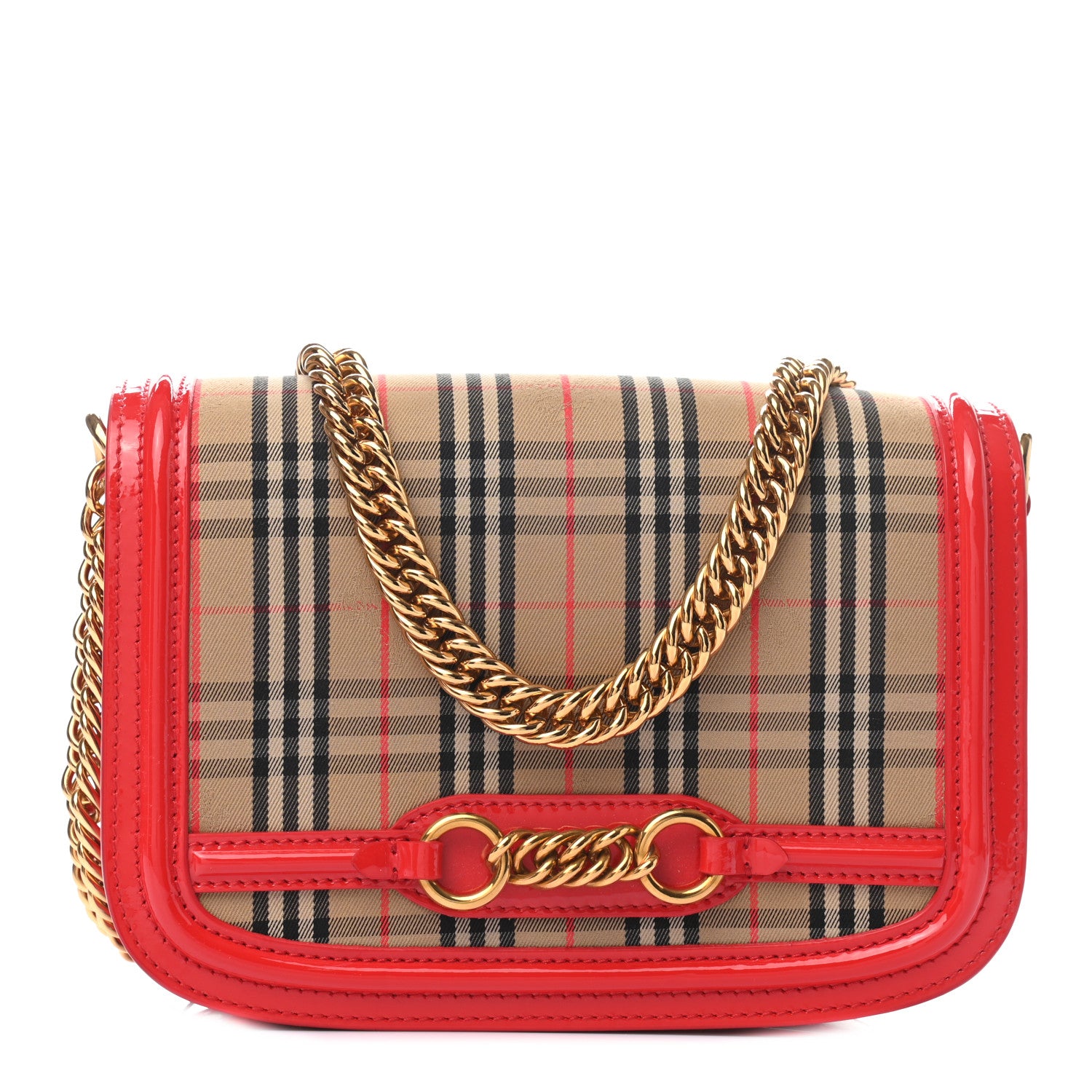 Burberry Patent 1983 Knight Check Link Shoulder Bag Bright Red 1 of 8