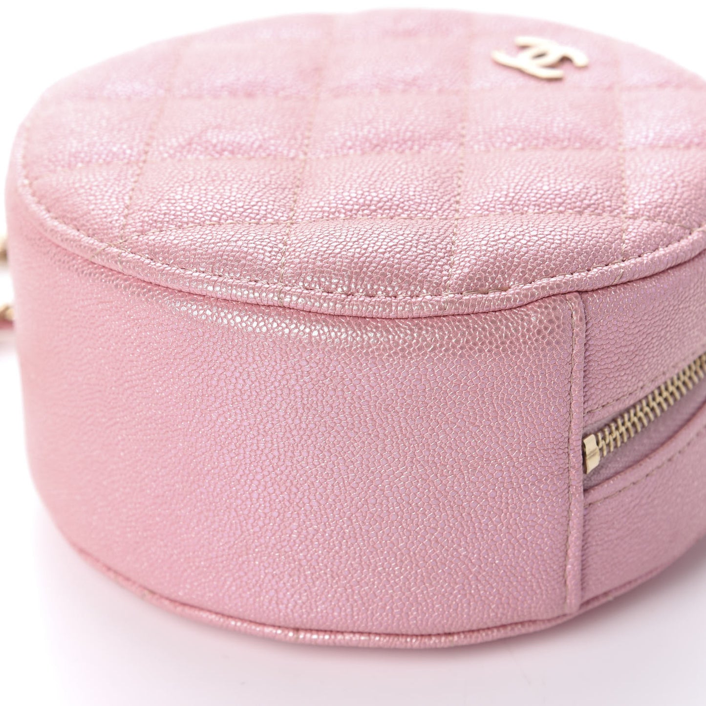Iridescent Caviar Quilted Round Clutch With Chain Pink