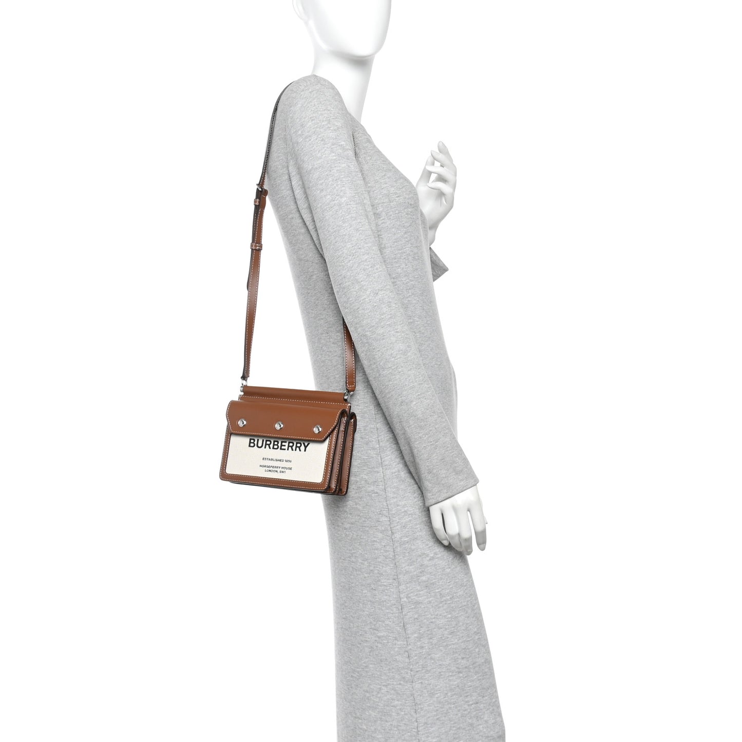 Smooth Calfskin Canvas Horseferry Print Mini Title Bag with Pocket Natural Malt Brown