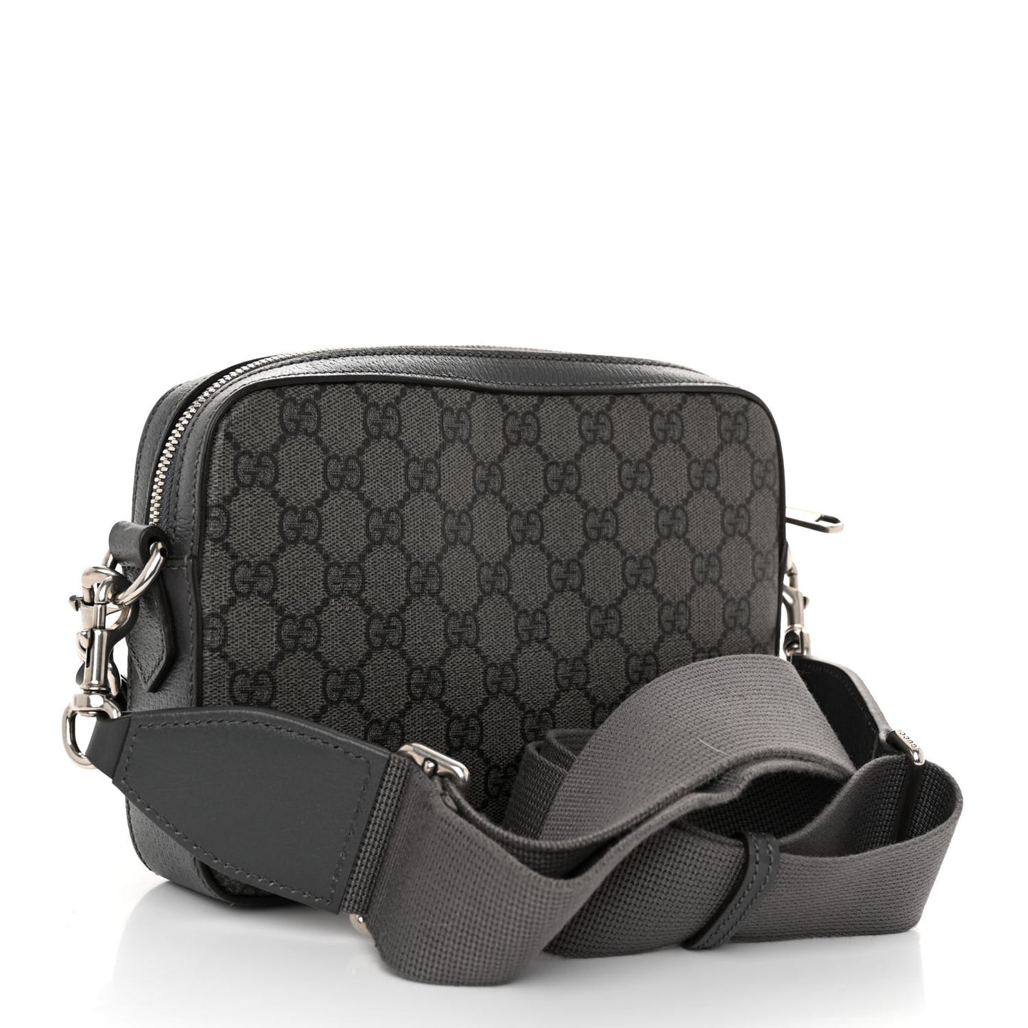 GG Supreme Monogram Textured Dollar Calfskin Web Ophidia Wristlet Shoulder Bag Grey Black Graphite Grey