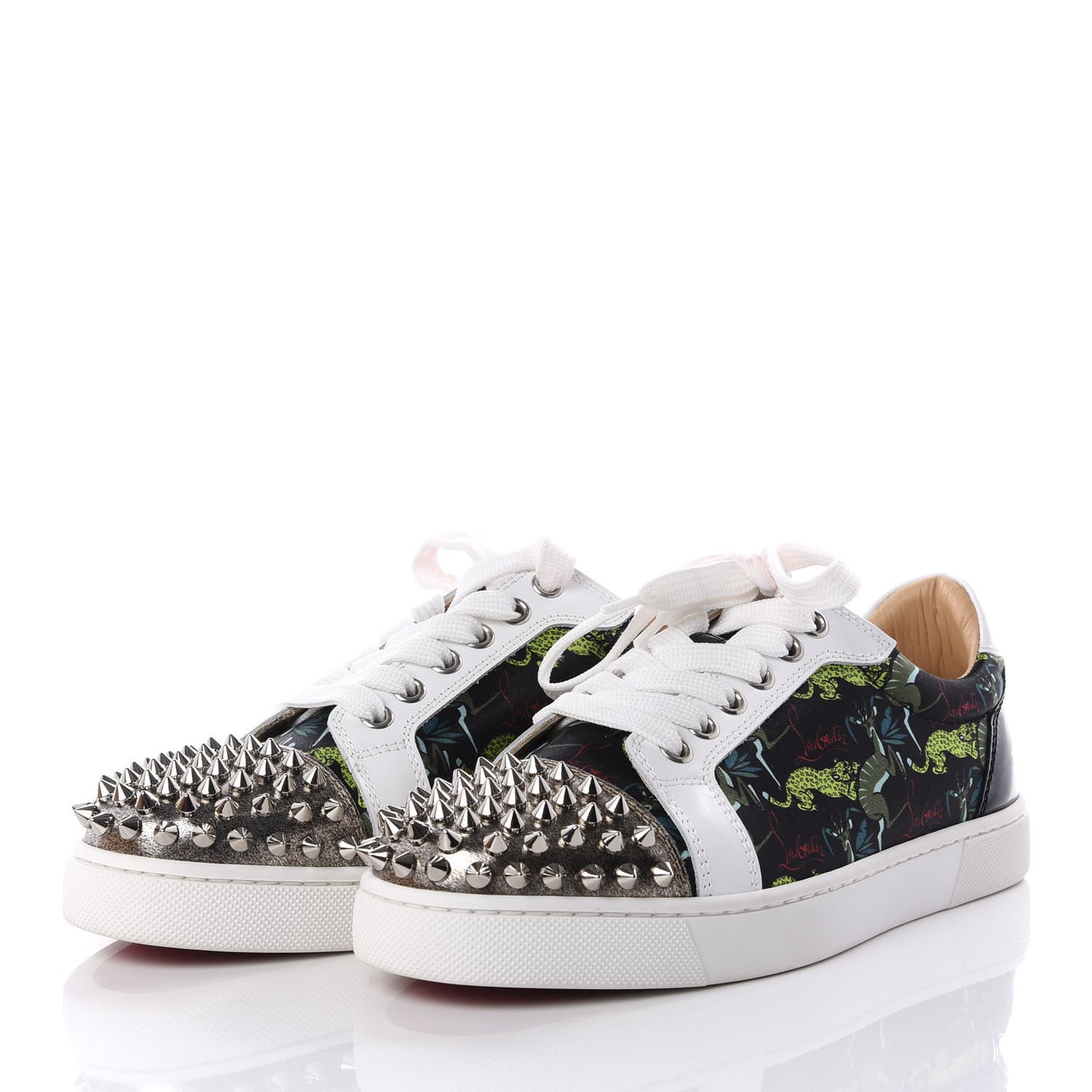Calfskin Patent Satin Jaguar Printed Spike Vieira Low Top Sneakers 36