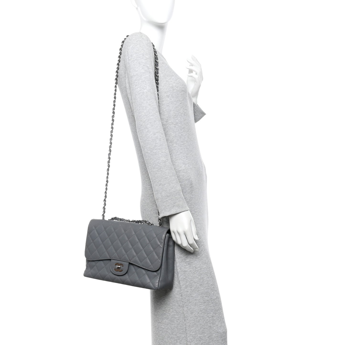 Caviar Quilted Jumbo Single Flap Grey