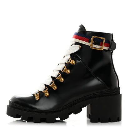 Gucci Calfskin Sylvie Web Womens Lace Up Combat Boots 36.5 Black 1 of 9