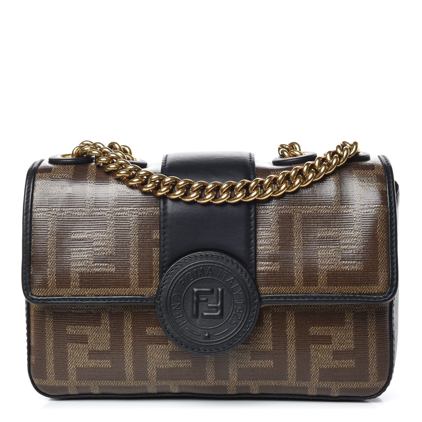 Glazed Fabric Vitello Century FF 1974 Stamp Patch Mini Double F Crossbody Bag Mogano Panna Black