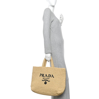 Prada Yarn Raffia Effect Crochet Embroidered Logo Tote Naturale 2 of 9