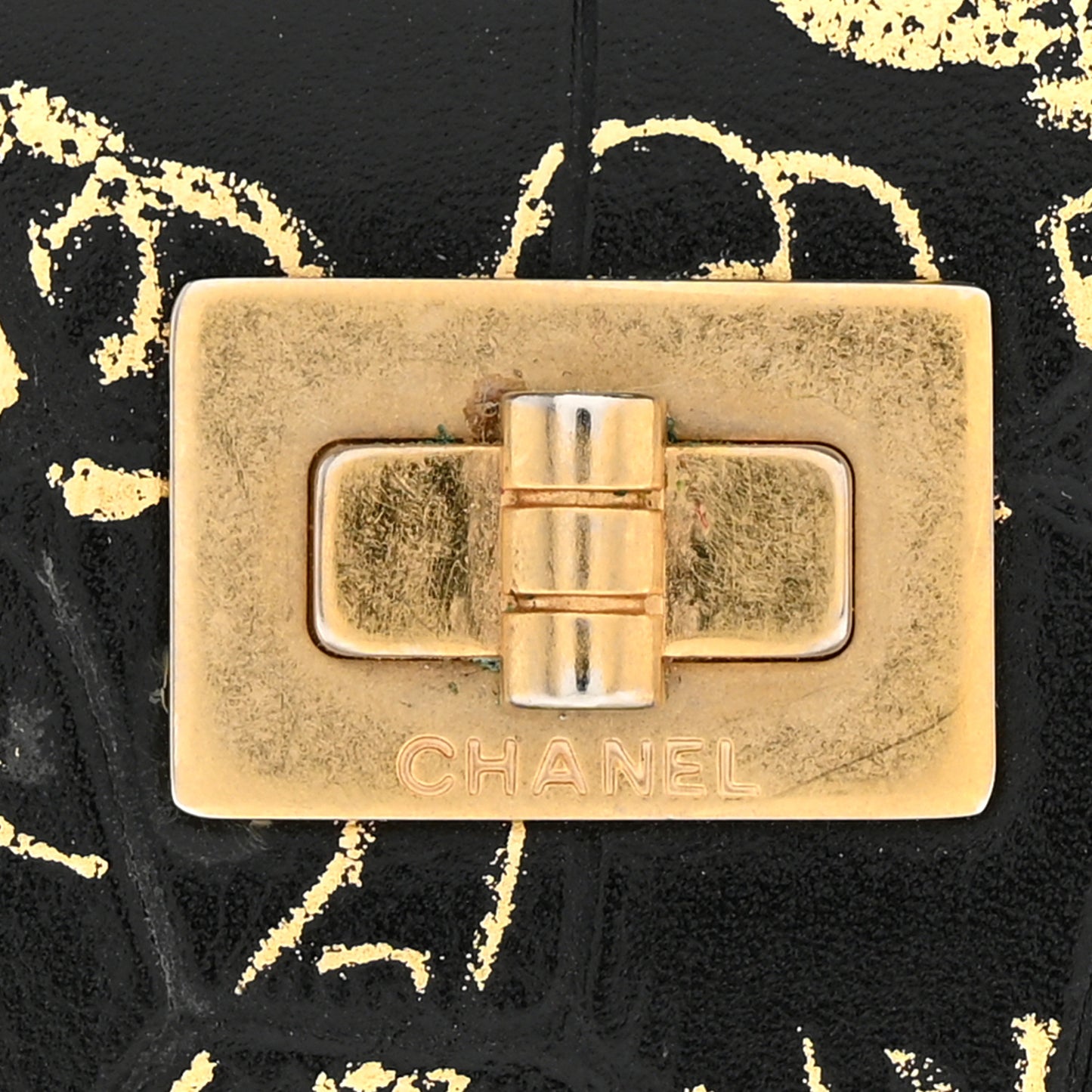 Calfskin Crocodile Embossed Graffiti 2.55 Cocodile Reissue Card Holder Black Gold
