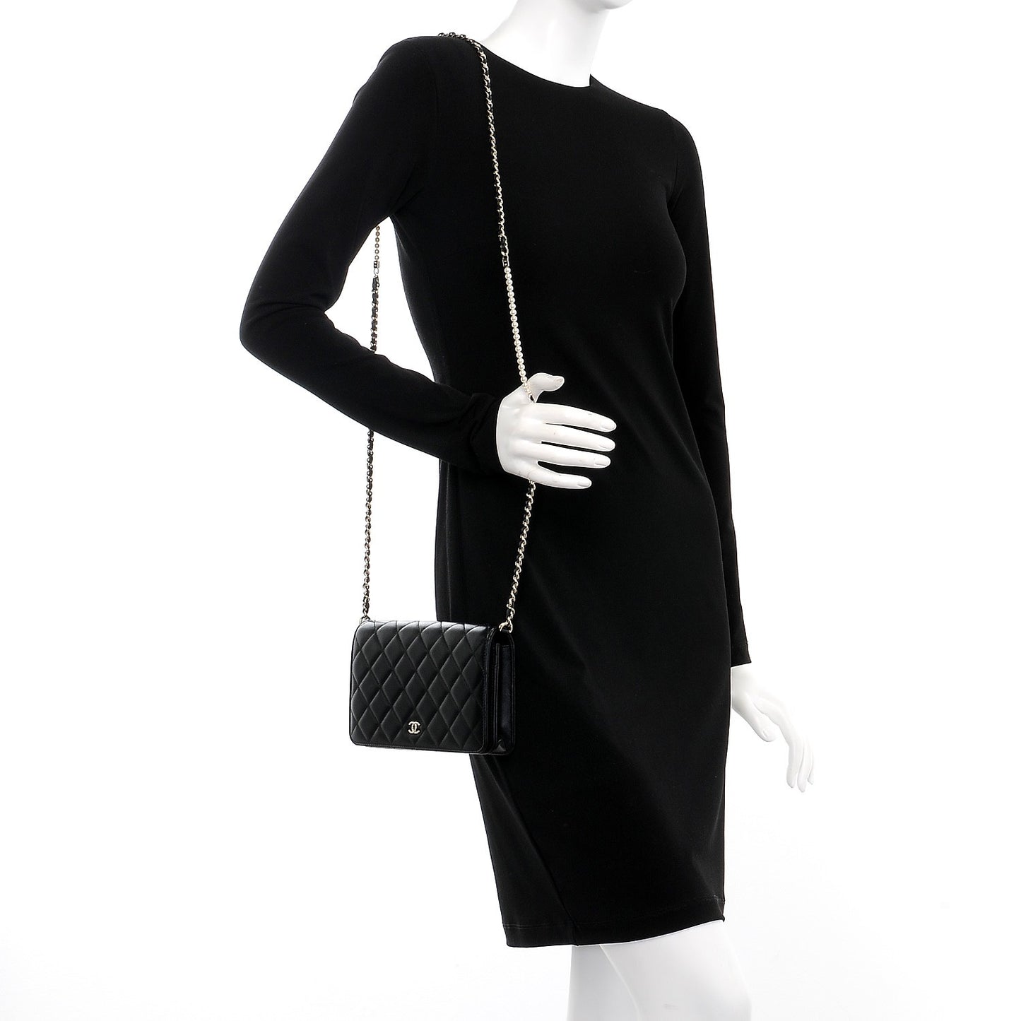 Lambskin Quilted Pearl Wallet On Chain WOC Black