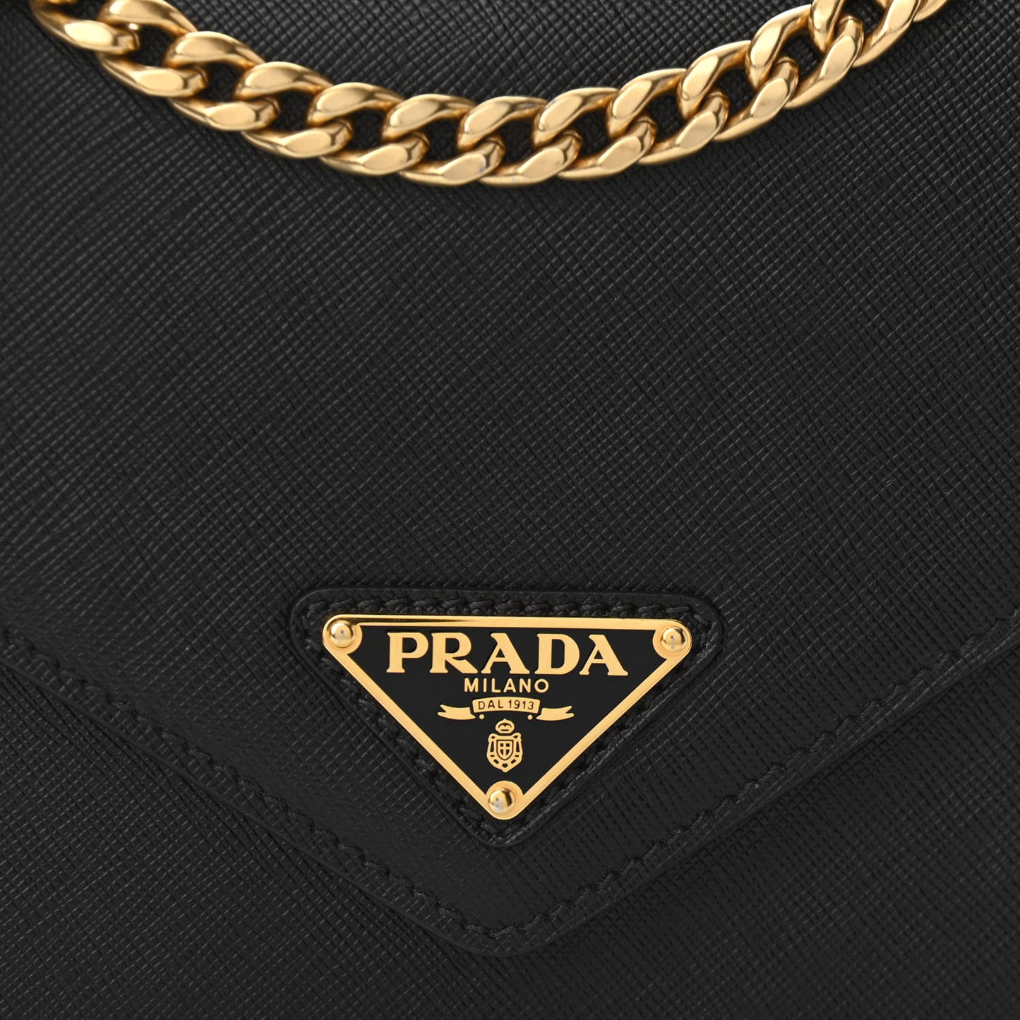 Saffiano Soft Calfskin Metal Triangle Logo Envelope Chain Shoulder Bag Black
