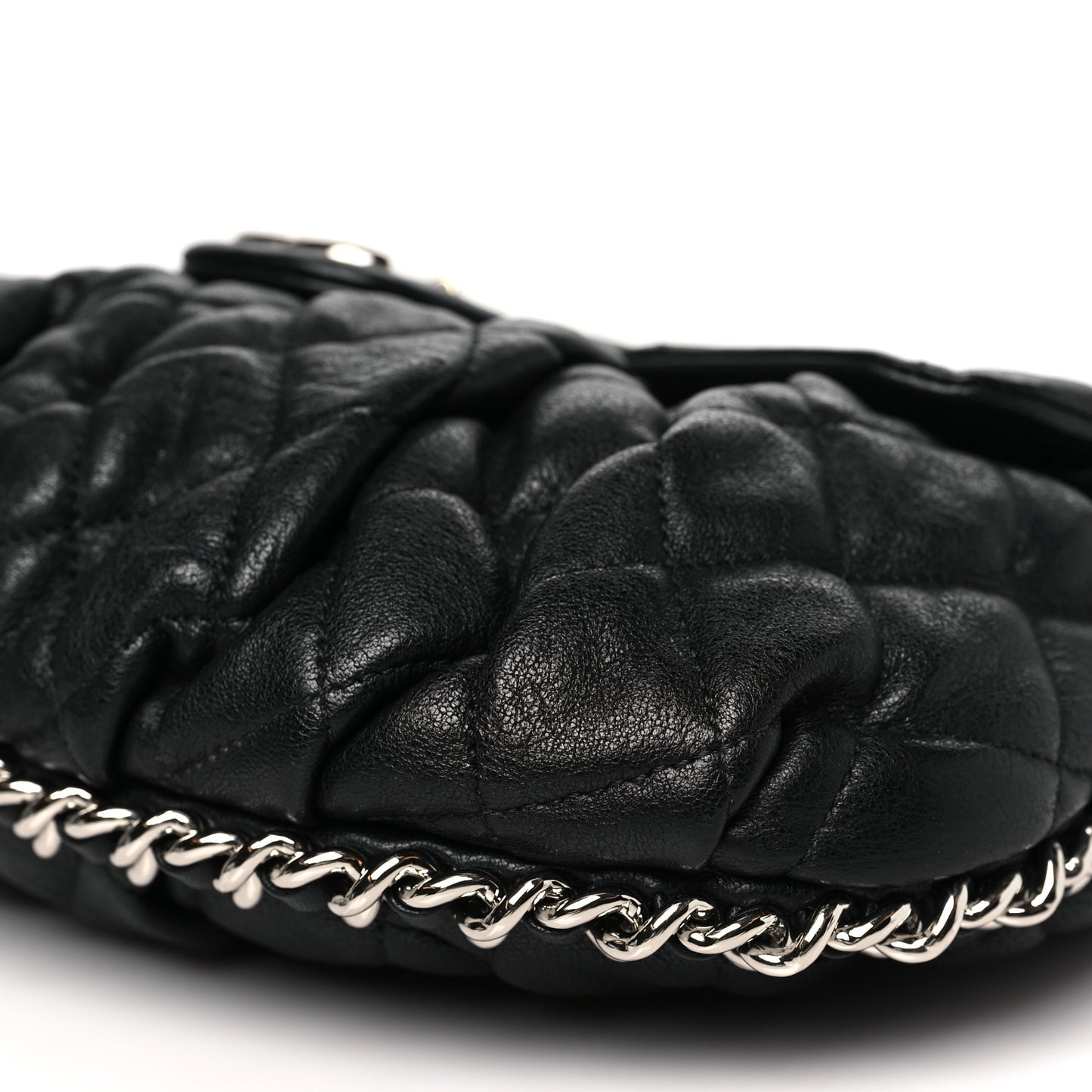 Washed Lambskin Quilted Large Chain Around Flap Black