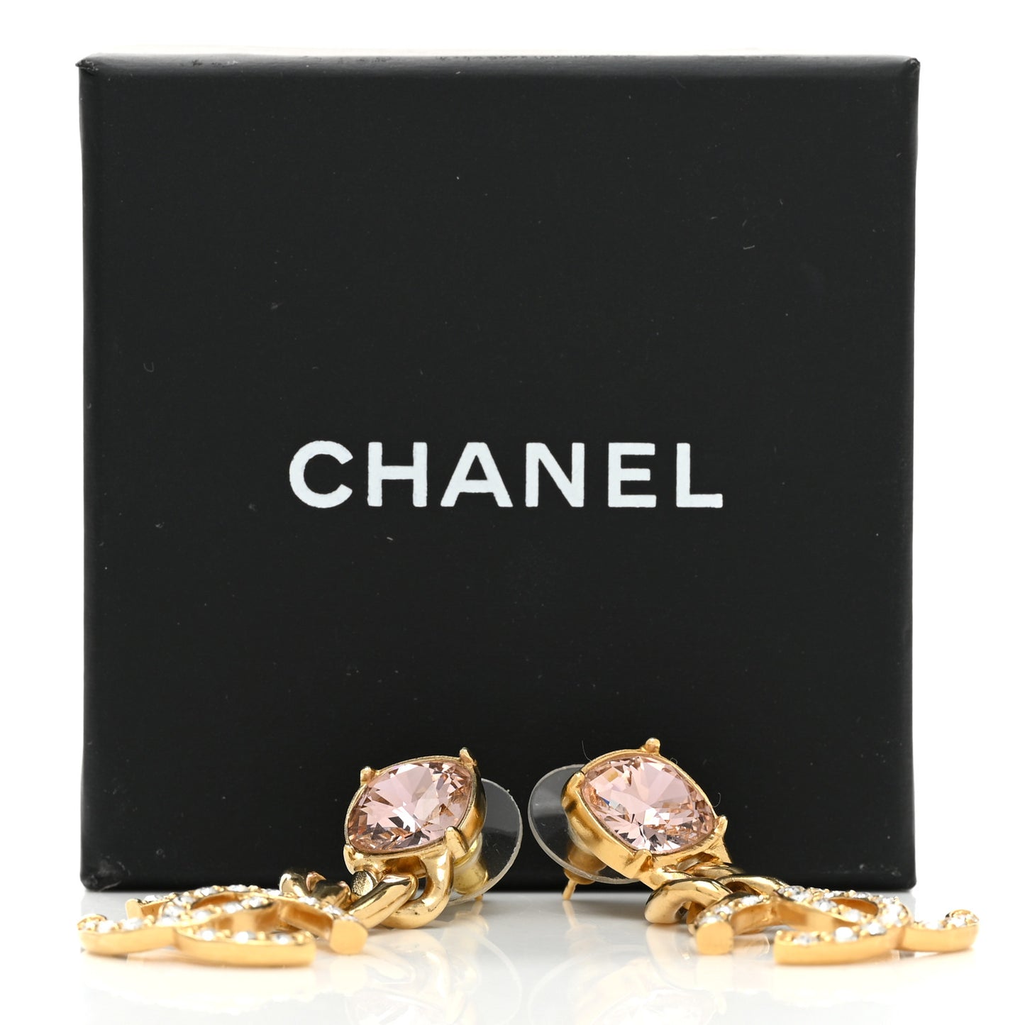 Glass Crystal CC Chain Drop Earrings Pink Gold