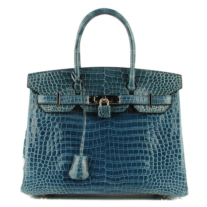Hermes Shiny Porosus Crocodile Birkin 30 Blue Jean 1 of 32