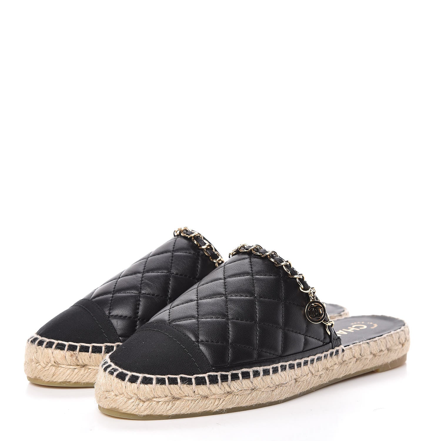 Chanel Lambskin Grosgrain Quilted CC Chain Espadrille Mules 36 Black 3 of 11