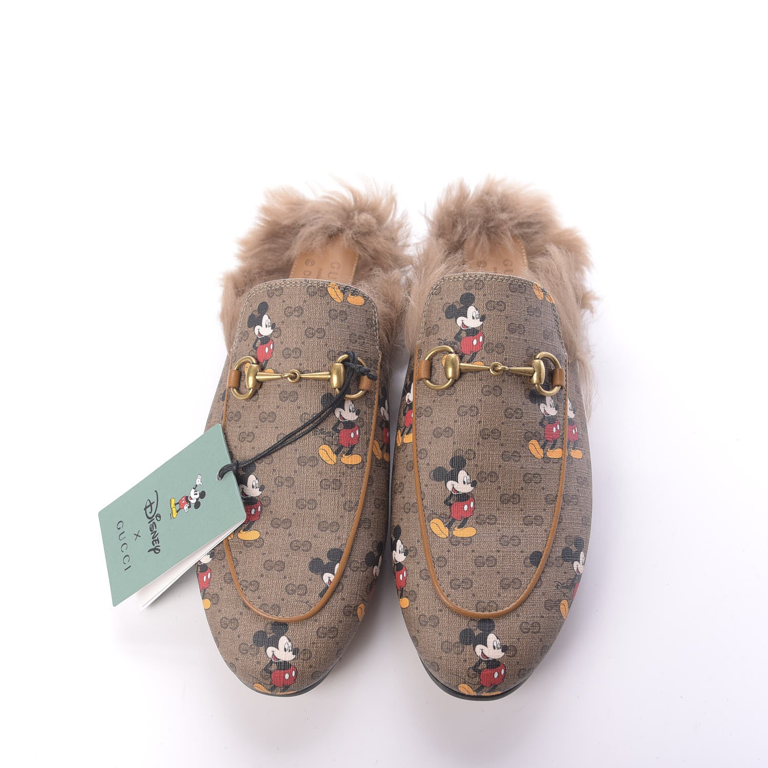 Gucci X DISNEY Mini Vintage GG Supreme Monogram Mickey Mouse Fur Womens Princetown Slippers 39 Beige Vintage Sun Oil 6 of 10