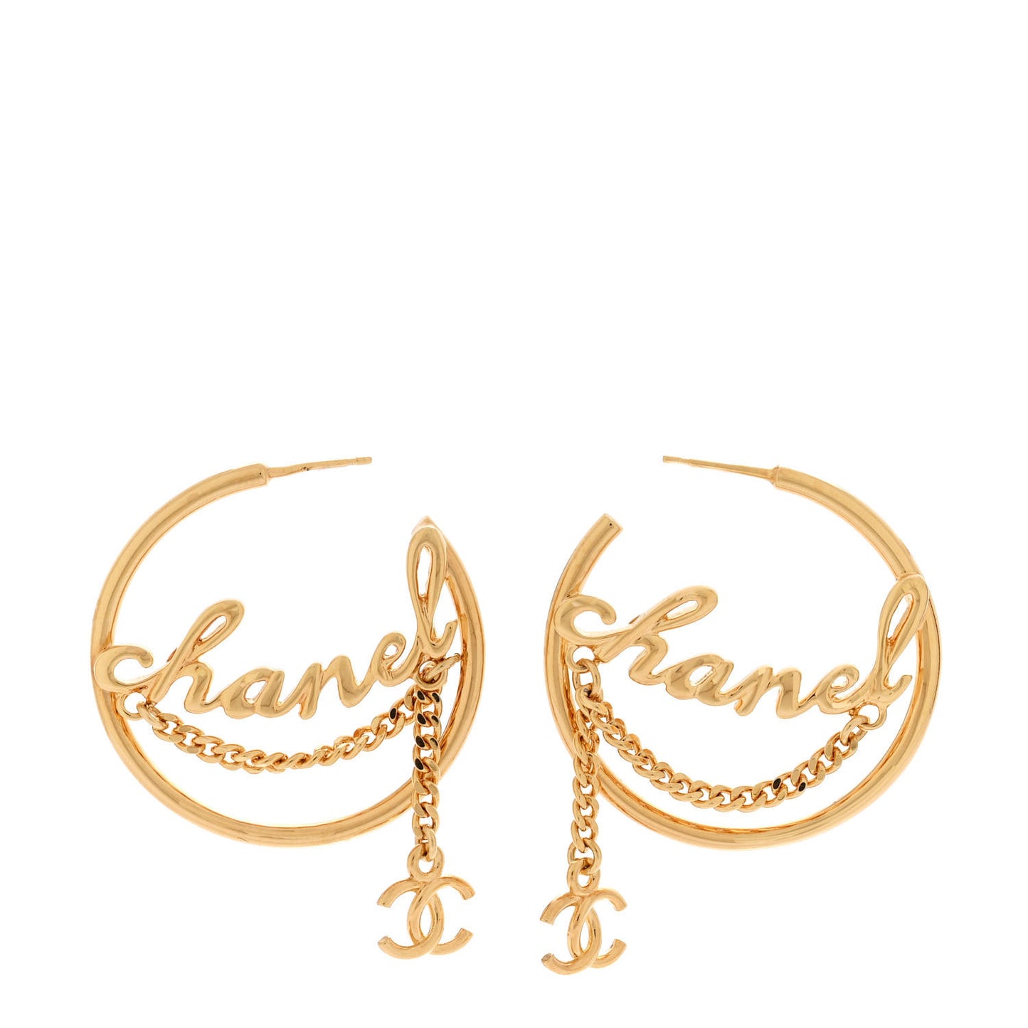 Metal Chain CC Hoop Earrings Gold