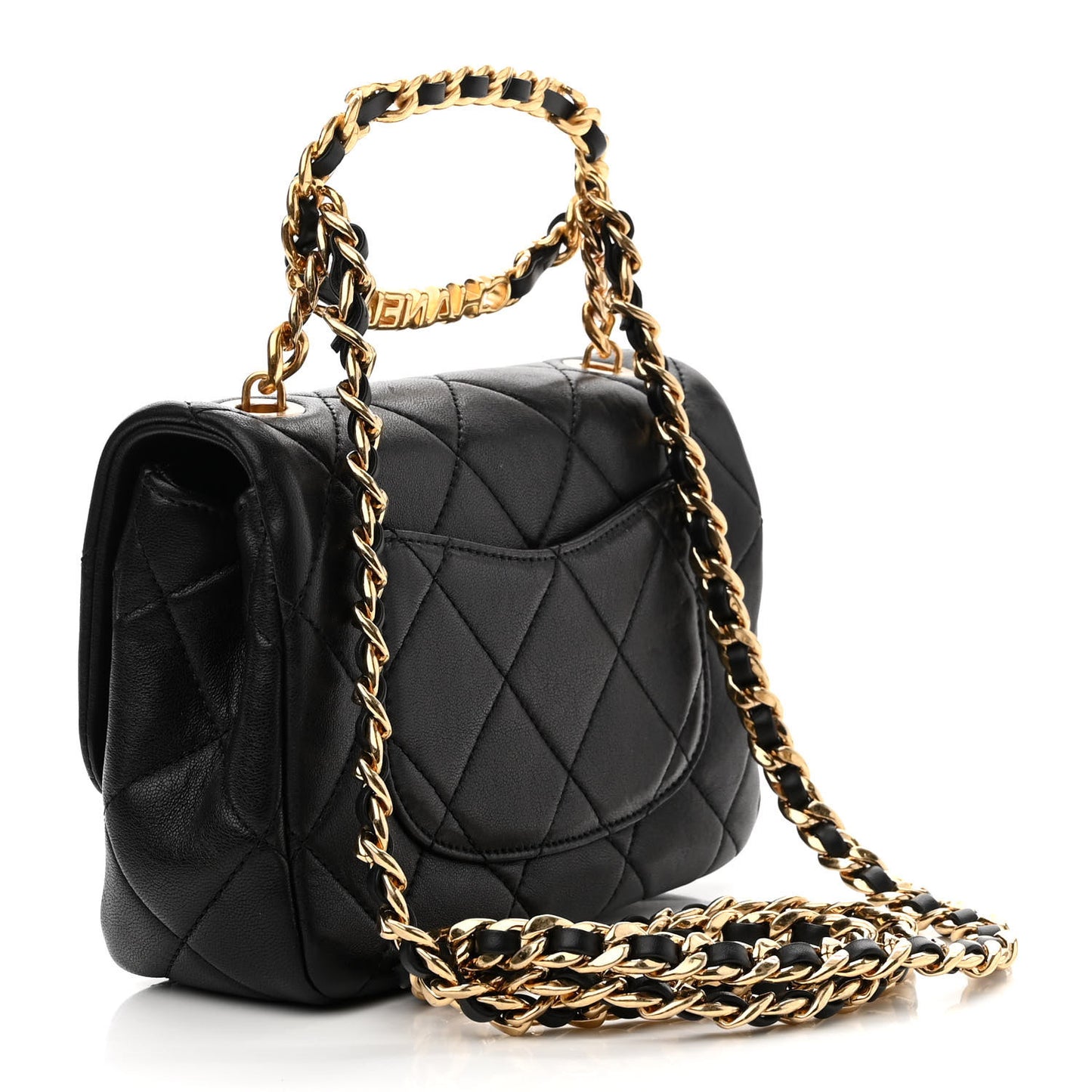 Lambskin Quilted Mini Logo Flap With Handle Black