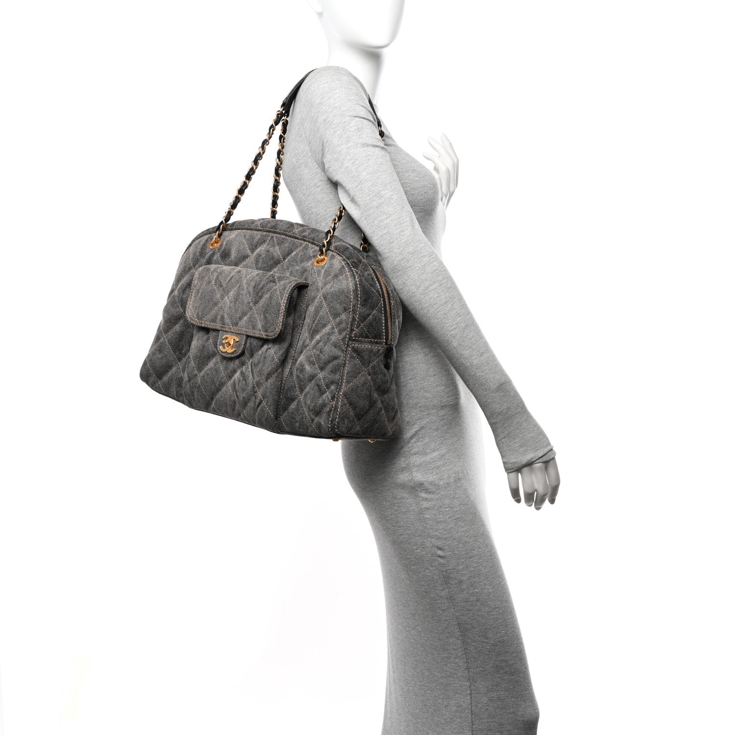 Chanel Washed Denim Quilted Bowling Bag Light Grey 1577127