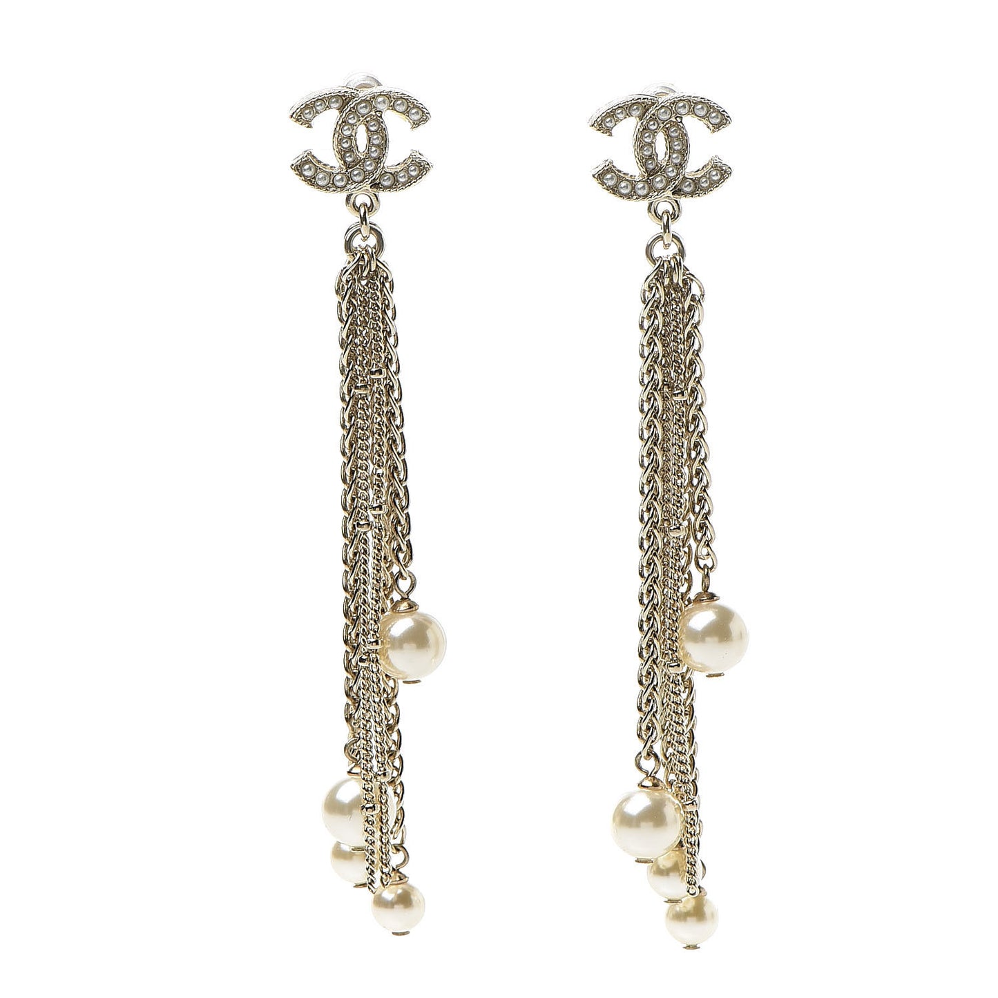 Pearl CC Chain Drop Earrings Gold
