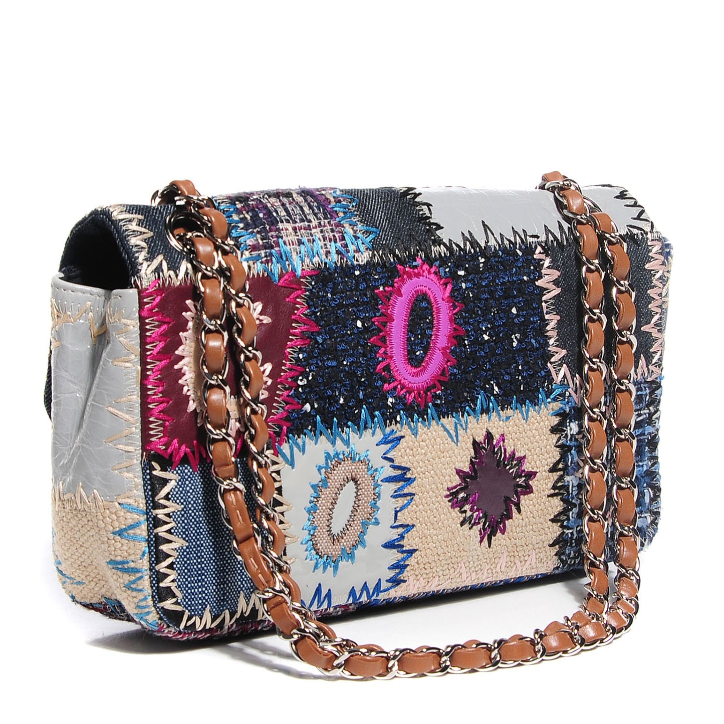 Denim Tweed Patchwork Medium Single Flap Multicolor