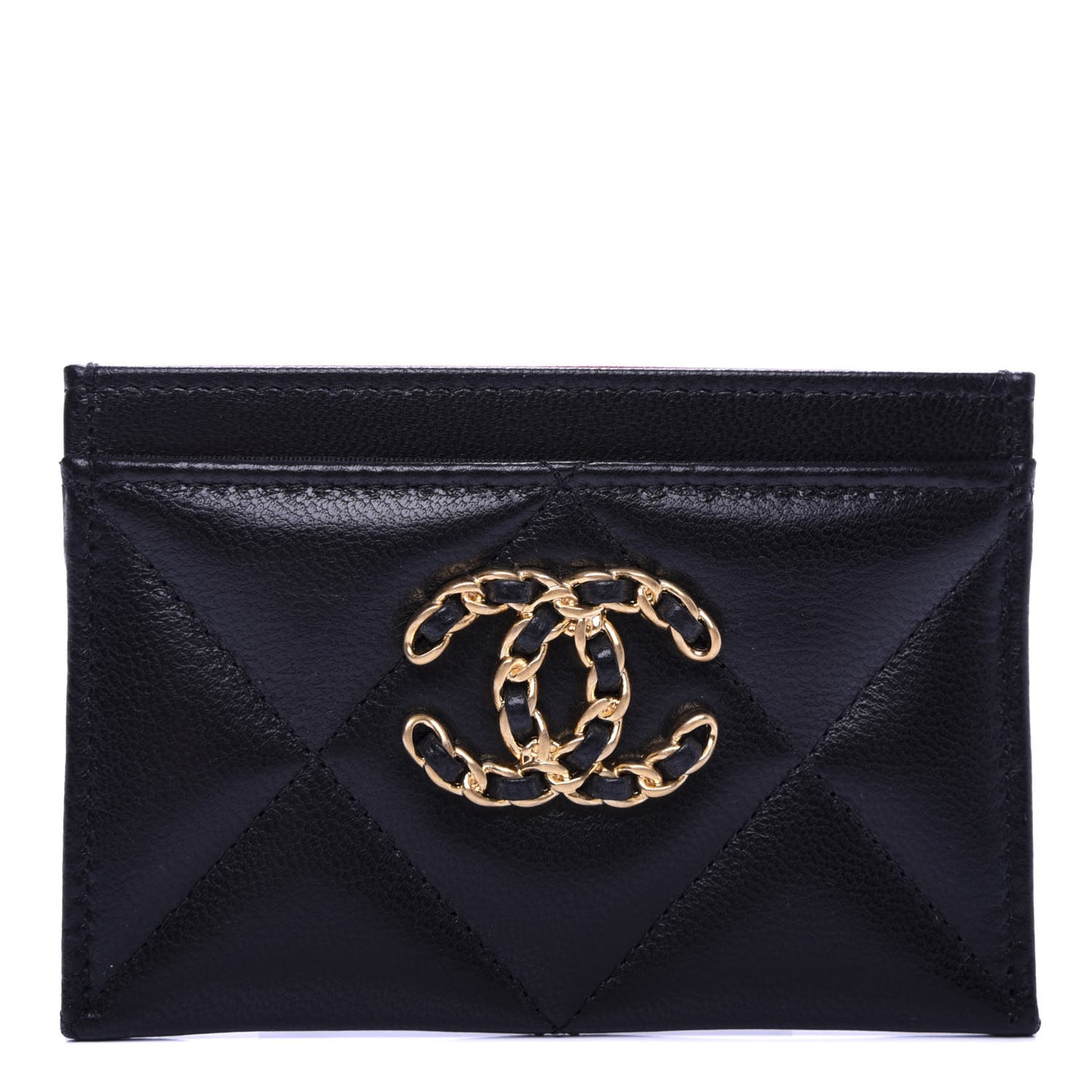 Shiny Goatskin Quilted Chanel 19 Card Holder Black