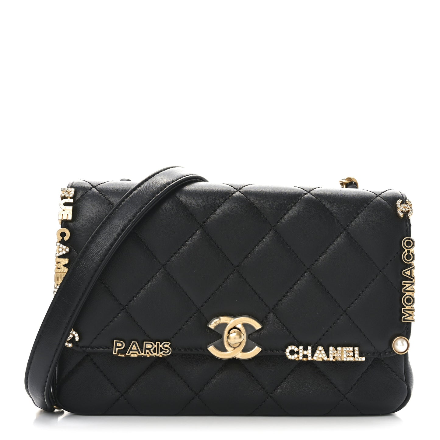 Lambskin Enamel Strass Quilted Mini Paris Monaco Flap Black