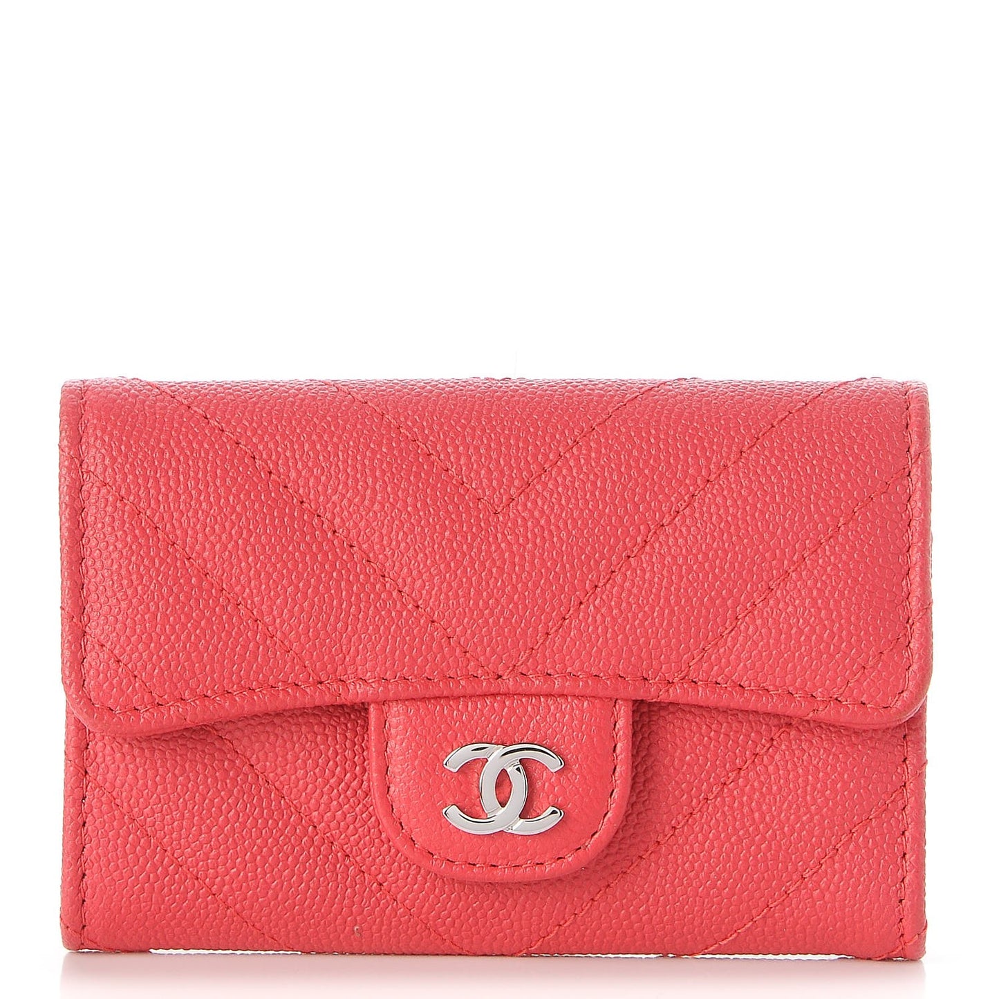 Caviar Chevron Quilted Card Holder Wallet Light Red