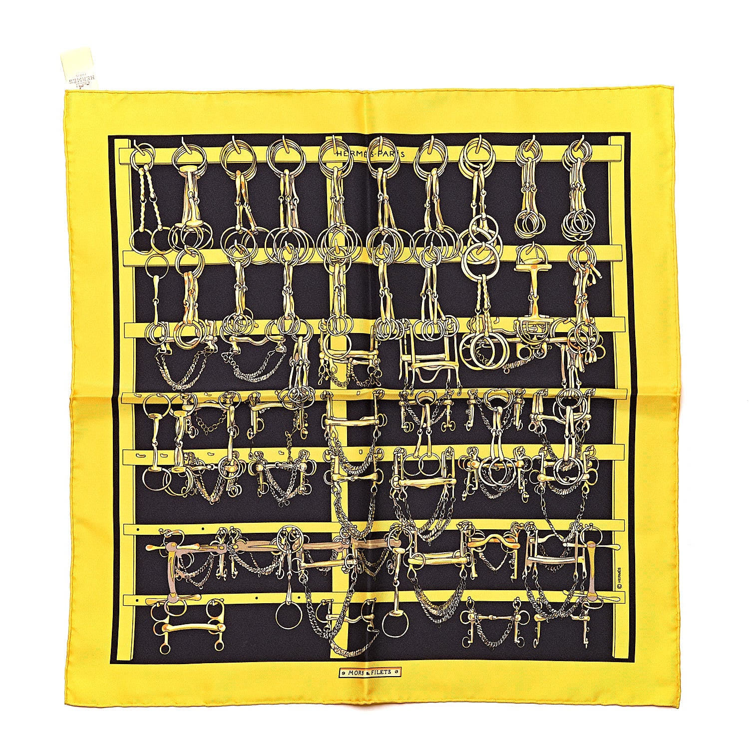 Hermes Silk Mors Et Filets Pocket Square Jaune Citron Black Or 1 of 4