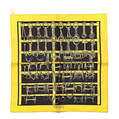 Hermes Silk Mors Et Filets Pocket Square Jaune Citron Black Or 1 of 4